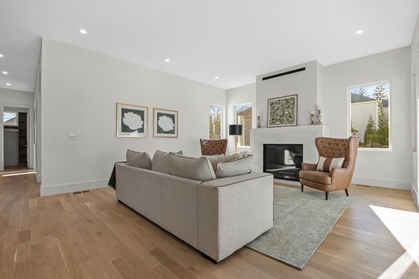 Fireplace, Interior, Living room, Recessed Lighting, Wood Texture Flooring