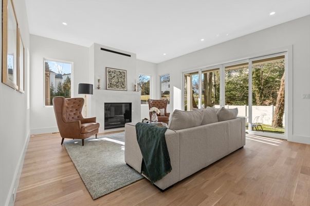 Fireplace, Interior, Living room, Recessed Lighting, Wood Texture Flooring