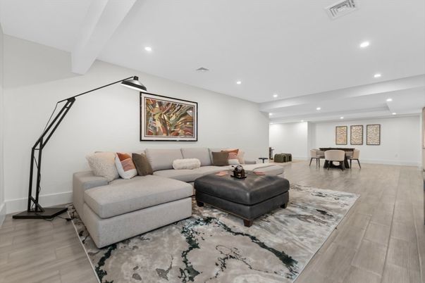 Dining room, Interior, Living room, Recessed Lighting, Wood Texture Flooring