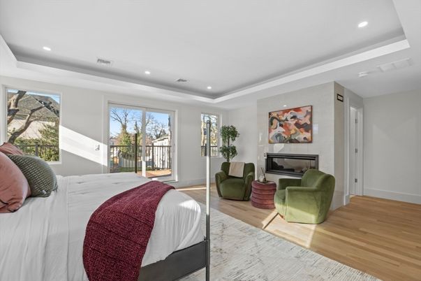 Bedroom, Fireplace, Interior, Recessed Lighting, Wood Texture Flooring