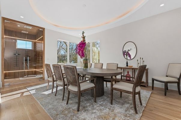 Dining room, Interior, Pendant Lights, Recessed Lighting, Wood Texture Flooring