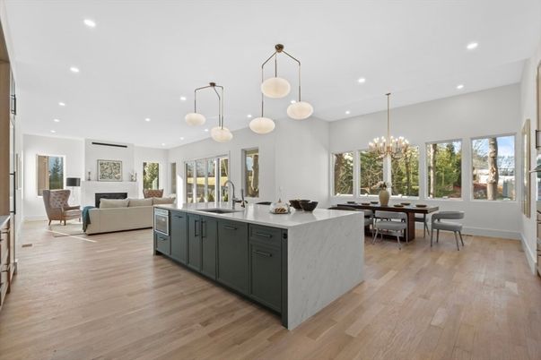 Chandelier, Dining room, Interior, Kitchen, Living room, Pendant Lights, Recessed Lighting, Wood Texture Flooring