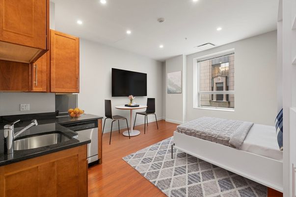 Bedroom, Dining room, Interior, Kitchen, Recessed Lighting, Wood Texture Flooring