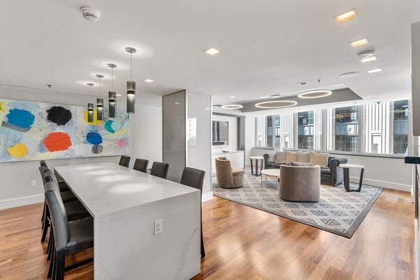 Dining room, Interior, Living room, Pendant Lights, Recessed Lighting, Wood Texture Flooring