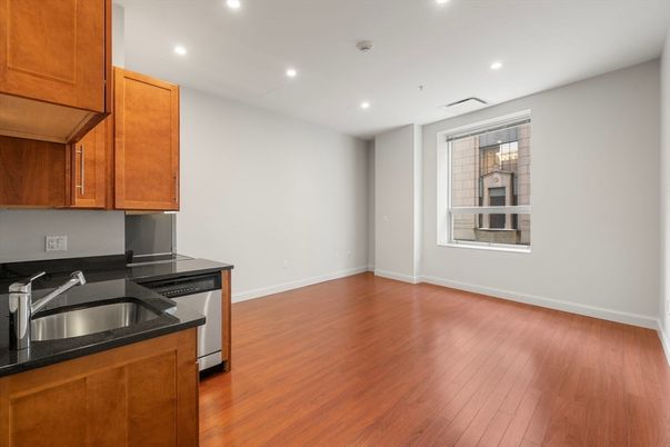 Empty room, Interior, Kitchen, Recessed Lighting, Wood Texture Flooring