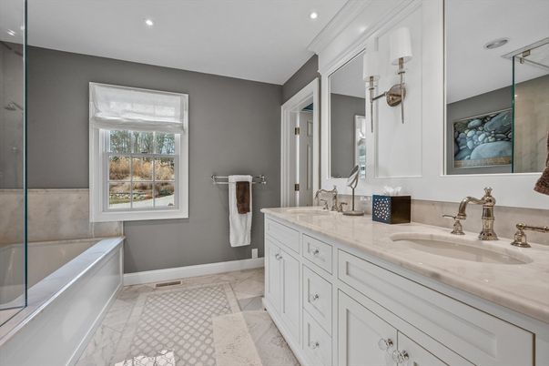Bathroom, Dual Sink Vanities, Interior, Marble, Recessed Lighting