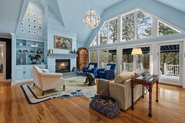 Fireplace, Interior, Living room, Pendant Lights, Wood Texture Flooring