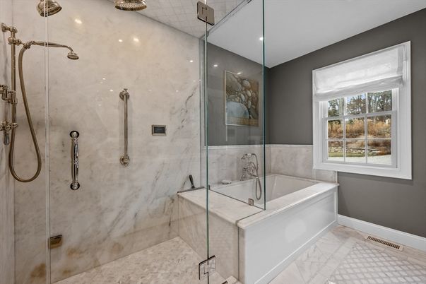 Bathroom, Glass Shower, Interior, Marble, Marble Walls, Recessed Lighting