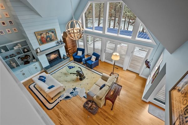 Fireplace, Interior, Living room, Pendant Lights, Wood Texture Flooring