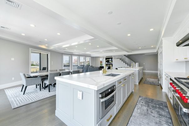 Dining room, Interior, Kitchen, Recessed Lighting, Stainless Steel Appliances, Wood Texture Flooring