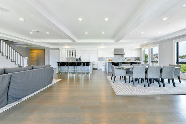 Dining room, Interior, Kitchen, Living room, Recessed Lighting, Stainless Steel Appliances, Wood Texture Flooring