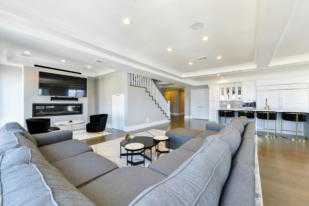 Fireplace, Interior, Kitchen, Living room, Recessed Lighting, Wood Texture Flooring