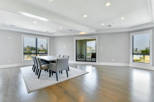Dining room, Interior, Recessed Lighting, Wood Texture Flooring