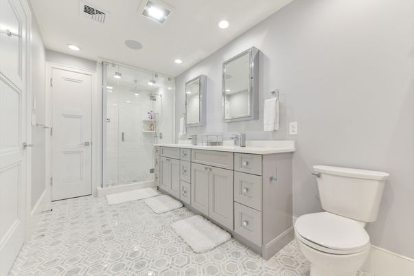 Bathroom, Dual Sink Vanities, Glass Shower, Interior, Recessed Lighting