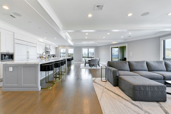 Dining room, Interior, Kitchen, Living room, Recessed Lighting, Wood Texture Flooring