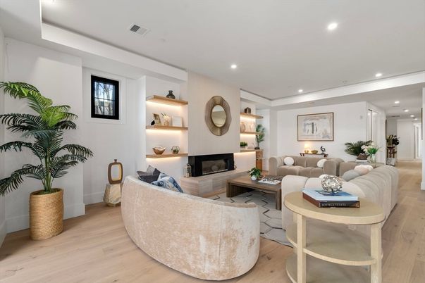 Fireplace, Interior, Living room, Recessed Lighting, Wood Texture Flooring