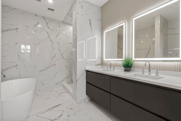 Bathroom, Dual Sink Vanities, Free Standing Baths, Interior, Marble, Marble Walls, Recessed Lighting