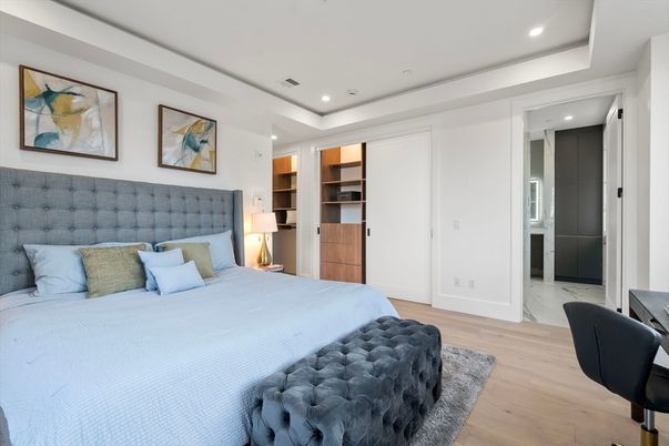 Bedroom, Interior, Recessed Lighting, Wood Texture Flooring