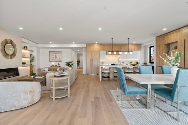 Dining room, Fireplace, Interior, Kitchen, Living room, Pendant Lights, Recessed Lighting, Wood Texture Flooring
