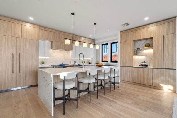 Interior, Kitchen, Marble Walls, Pendant Lights, Recessed Lighting, Stainless Steel Appliances, Wood Texture Flooring