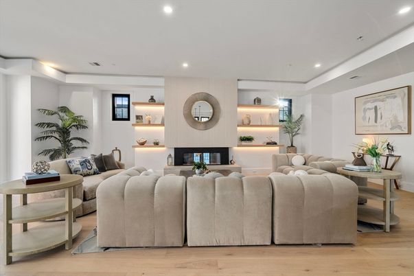 Fireplace, Interior, Living room, Recessed Lighting, Wood Texture Flooring