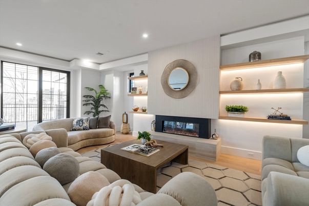 Fireplace, Interior, Living room, Recessed Lighting, Wood Texture Flooring