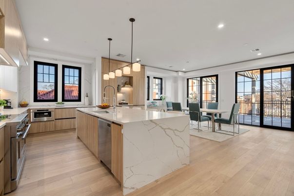 Dining room, Interior, Kitchen, Pendant Lights, Recessed Lighting, Stainless Steel Appliances, Wood Texture Flooring