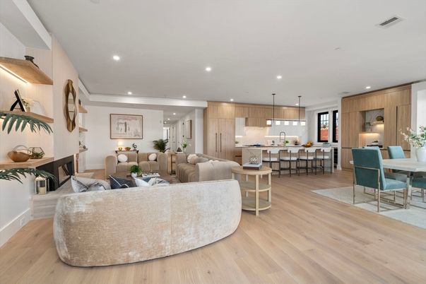 Dining room, Fireplace, Interior, Kitchen, Living room, Pendant Lights, Recessed Lighting, Wood Texture Flooring