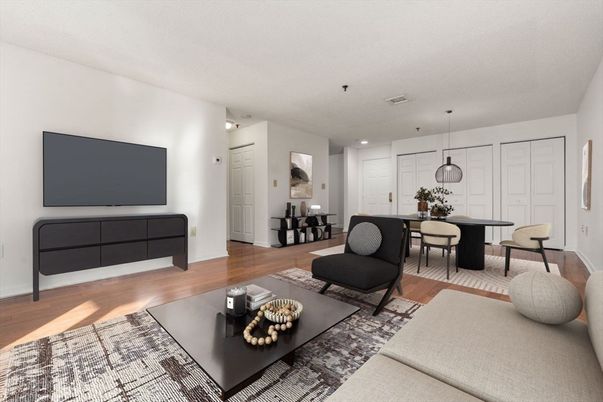 Dining room, Interior, Living room, Pendant Lights, Recessed Lighting, Wood Texture Flooring