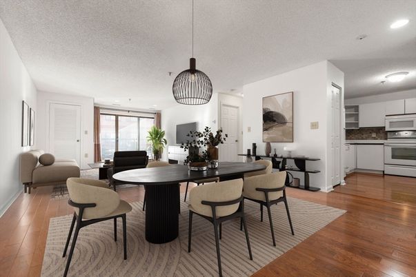 Dining room, Interior, Kitchen, Living room, Pendant Lights, Recessed Lighting, Stainless Steel Appliances, Wood Texture Flooring