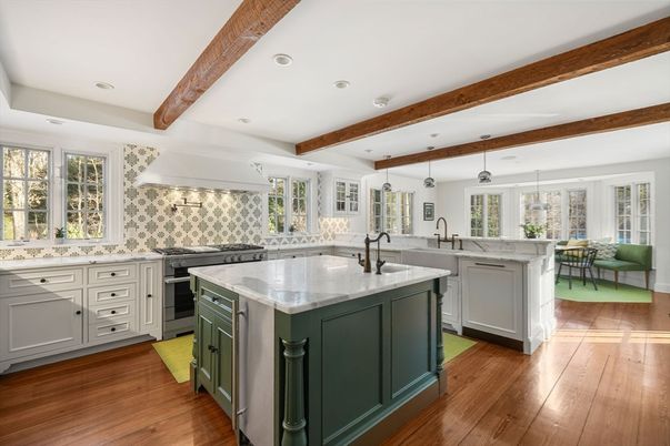 Interior, Kitchen, Pendant Lights, Recessed Lighting, Wooden Beams, Wood Texture Flooring
