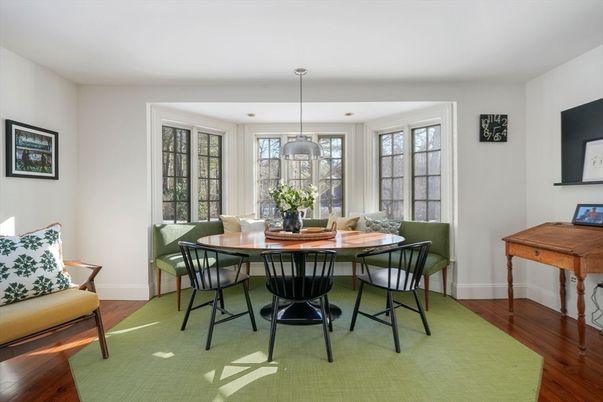 Dining room, Interior, Pendant Lights, Wood Texture Flooring