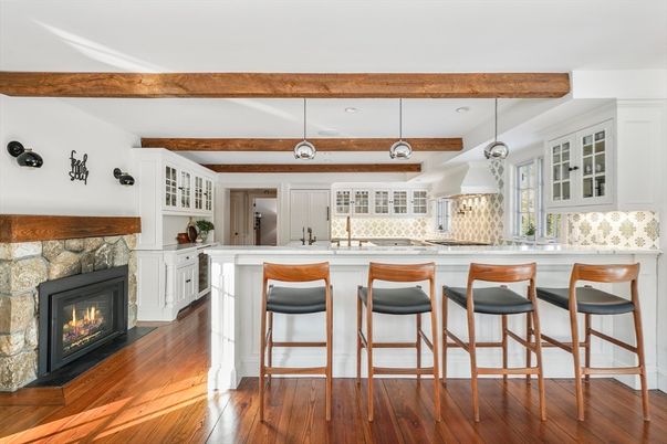 Fireplace, Interior, Kitchen, Pendant Lights, Wooden Beams, Wood Texture Flooring