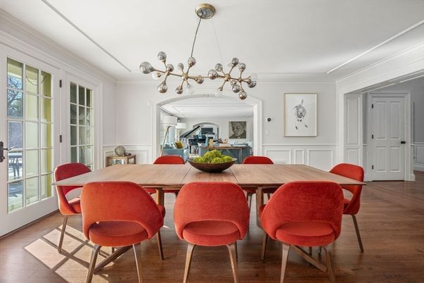 Dining room, Interior, Pendant Lights, Wood Texture Flooring