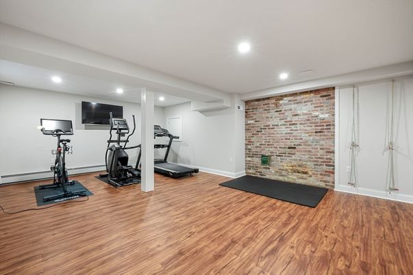 Fitness Equipment, Interior, Recessed Lighting, Stone Walls, Wood Texture Flooring