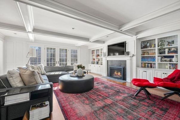 Fireplace, Interior, Living room, Recessed Lighting, Wood Texture Flooring