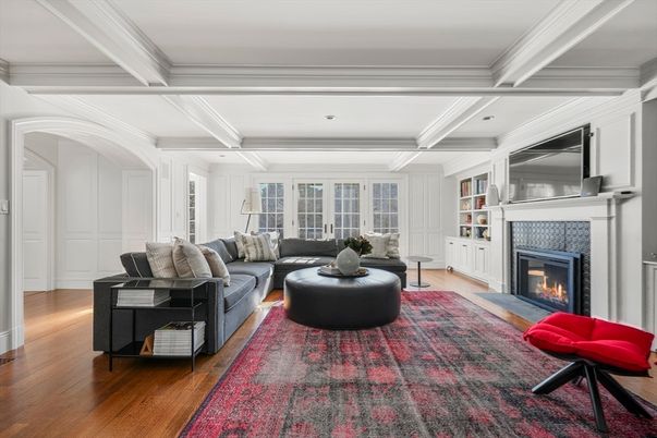Fireplace, Interior, Living room, Recessed Lighting, Wood Texture Flooring