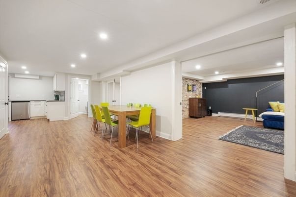 Dining room, Interior, Kitchen, Recessed Lighting, Stone Walls, Wood Texture Flooring