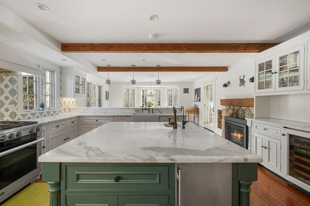 Fireplace, Interior, Kitchen, Pendant Lights, Recessed Lighting, Stainless Steel Appliances, Wooden Beams, Wood Texture Flooring