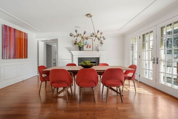 Dining room, Fireplace, Interior, Pendant Lights, Wood Texture Flooring
