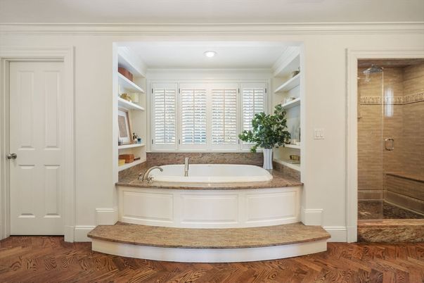 Bathroom, Glass Shower, Interior, Recessed Lighting, Wood Texture Flooring