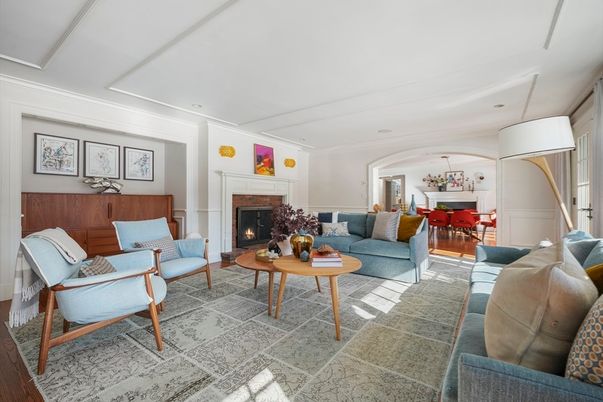 Chandelier, Dining room, Fireplace, Interior, Living room, Recessed Lighting, Wood Texture Flooring