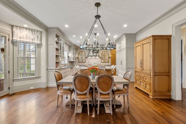 Chandelier, Dining room, Interior, Kitchen, Recessed Lighting, Wood Texture Flooring