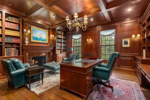 Chandelier, Fireplace, Home Office, Interior, Recessed Lighting, Wooden Beams, Wooden Ceilings, Wood Texture Flooring, Wooden Walls