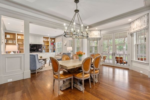 Chandelier, Dining room, Interior, Living room, Pendant Lights, Recessed Lighting, Wood Texture Flooring