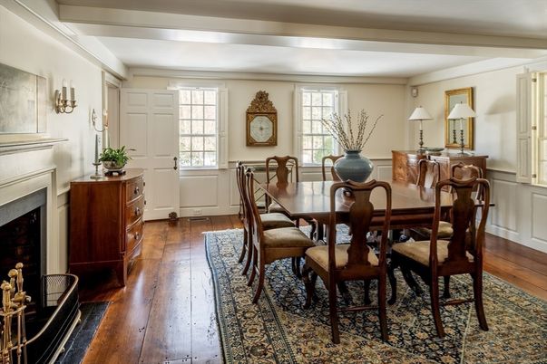 Dining room, Fireplace, Interior, Wood Texture Flooring