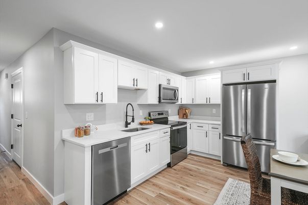 Interior, Kitchen, Recessed Lighting, Stainless Steel Appliances, Wood Texture Flooring