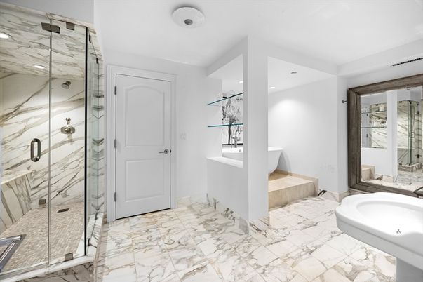 Bathroom, Glass Shower, Interior, Marble, Marble Walls, Recessed Lighting