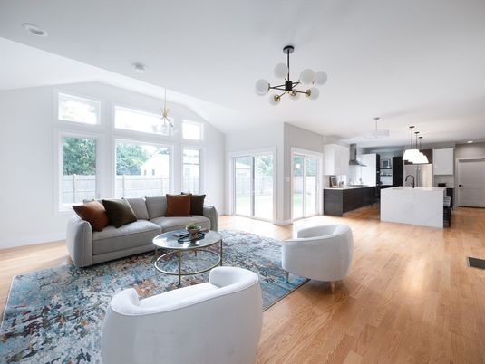 Interior, Kitchen, Living room, Pendant Lights, Recessed Lighting, Wood Texture Flooring