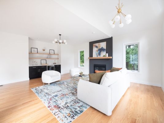 Fireplace, Interior, Living room, Pendant Lights, Recessed Lighting, Wood Texture Flooring